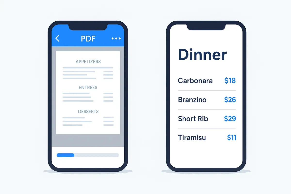 Two phones side by side. The left shows a restaurant menu as a PDF, shrunk to fit the screen with unreadable body text and a download bar. The right shows the same menu as a web page, with dish names and prices in large, legible type.